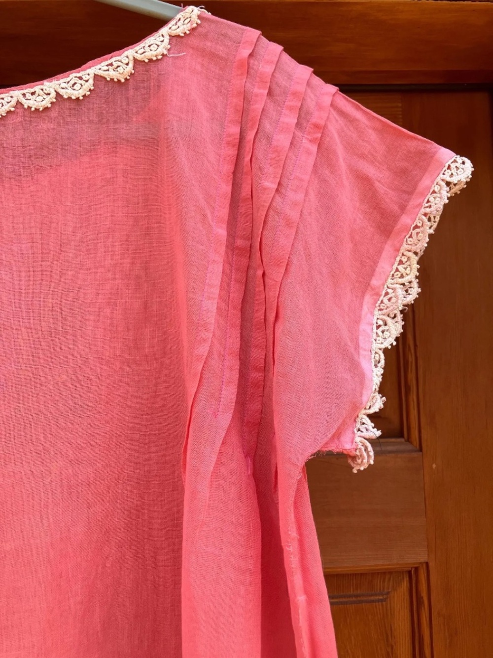1930's Embroidered Sheer Pink Cotton Dressing Gown Night Gown Dress floral lace - Picture 10 of 10